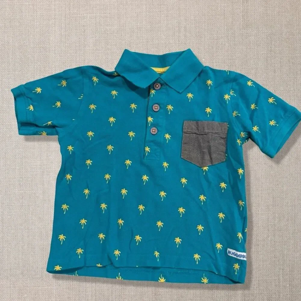 RuggedButts Boys 3T Palm Tree Polo Shirt Teal Tropical Pocket
